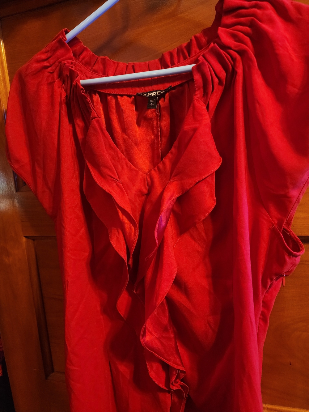 Express Red Ruffle Front V-Neck Blouse - Picture 4 of 4